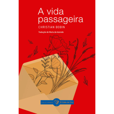 Capa de livro vermelho com envelope e flores desenhadas, texto e selo editorial