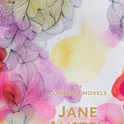 Capa de livro colorida com texto 'THE COMPLETE NOVELS OF JANE AUSTEN' em dourado
