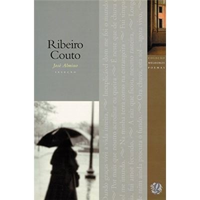 Capa de livro 'Ribeiro Couto Joie Amino poemas' com fundo cinzento, barra castanha e fotografia a preto e branco