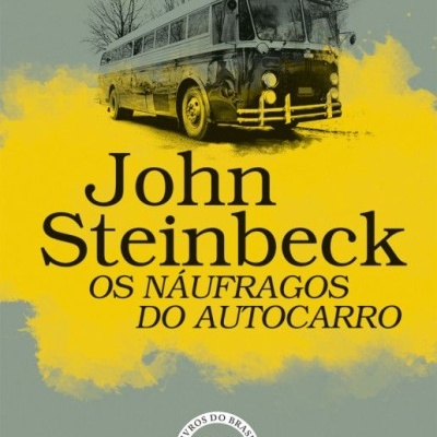 Capa de livro com autocarro antigo e título de John Steinbeck em amarelo e cinza