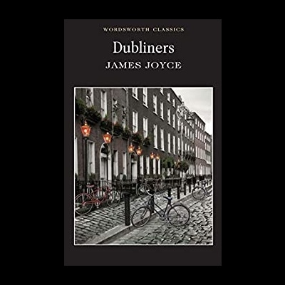 Capa do livro 'Dubliners' de James Joyce com foto a preto e branco de rua de pedras e bicicletas