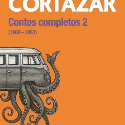 Capa de livro laranja com texto branco e azul e ilustração de carrinha com tentáculos.