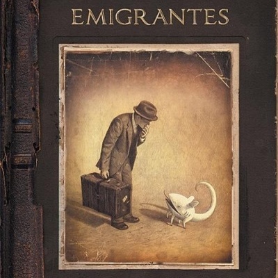 Capa de livro EMIGRANTES com ilustração de homem e criatura estranha