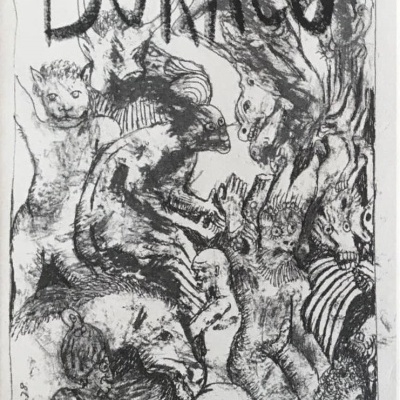 Cartaz ou capa preto e branco com palavra 'BURACO' e várias figuras humanoides desenhadas a carvão.