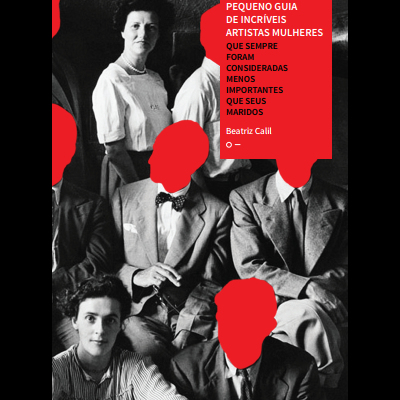 Capa de livro com fotografia a preto e branco de grupo de pessoas com faces cobertas por formas vermelhas e texto em caixa vermelha