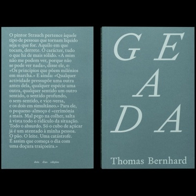 Capa e contracapa do livro 'GEADA' de Thomas Bernhard em fundo verde-azulado com texto branco