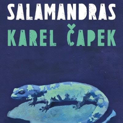 Capa de livro A Guerra das Salamandras com ilustração de salamandra azul