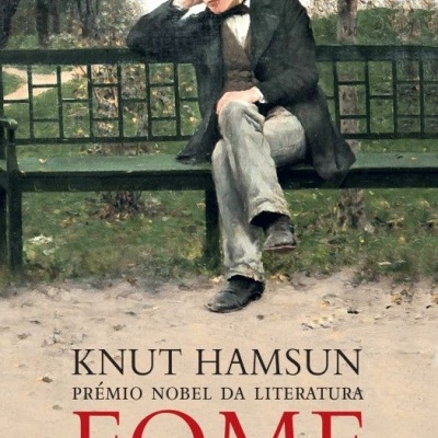 Capa de livro com pintura de homem sentado num banco de jardim, título FOME em destaque