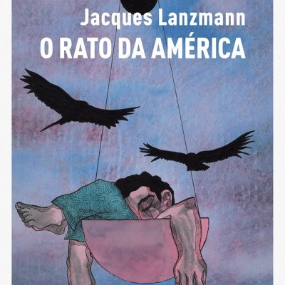 Capa do livro 'O Rato da América' com ilustração de homem num baloiço e aves negras