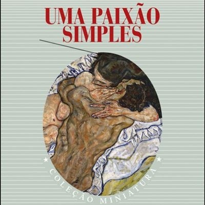 Capa de livro 'UMA PAIXÃO SIMPLES' com pintura de casal nu a abraçar-se sobre lençóis brancos com padrão azul.