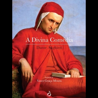Capa do livro A Divina Comédia com pintura clássica de um homem de túnica vermelha e texto em branco