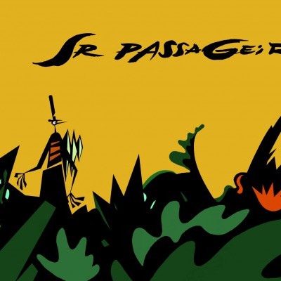 Ilustração gráfica com plantas verdes e pretas, figura humana estilizada e texto 'Sr Passageiro'