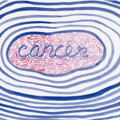 Ilustração com a palavra 'Cancer' cercada por linhas azuis onduladas