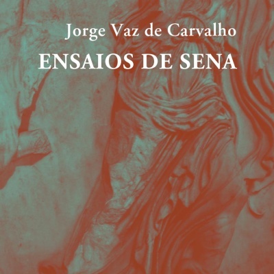 Capa de livro 'Ensaio de Sena' com fundo artístico e textos em branco