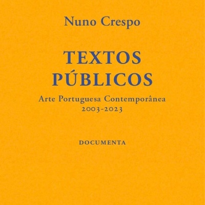 Capa de livro laranja com texto azul sobre arte portuguesa contemporânea.