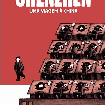Capa de livro Shenzhen com ilustração de pessoas a trabalhar em mesas