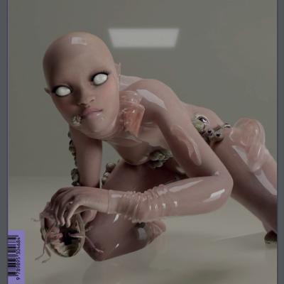 Figura humana artificial translúcida em posição de gatinhar com texto CONTEMPORÂNEA e número #10