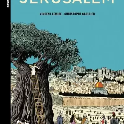 Capa de livro 'História de Jerusalém' com ilustração de árvore, pessoas e Jerusalém ao fundo