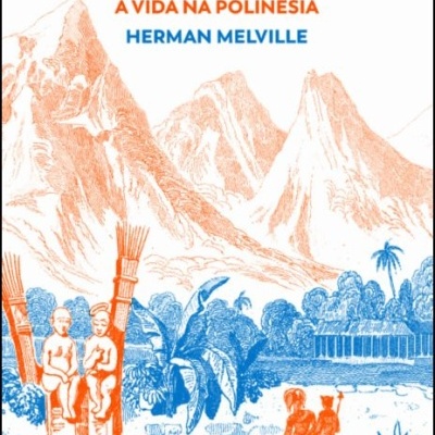 Capa de livro com título e ilustração de montanhas, árvores e pessoas na Polinésia