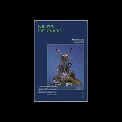 Capa de livro azul com escultura artística e texto em verde e branco