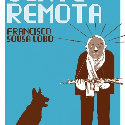 Capa de livro azul com figura humana, arma e cão em silhueta castanha