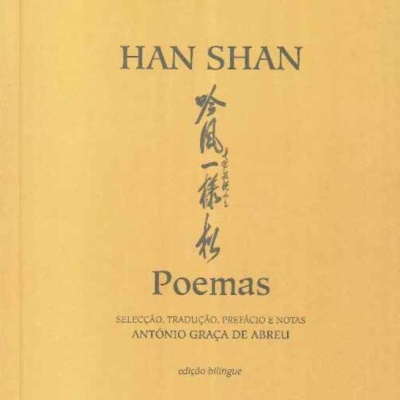 Capa de livro amarelo claro com texto em preto sobre poemas de Han Shan