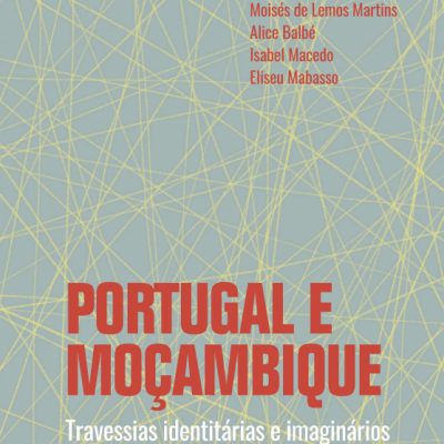 Capa de livro Portugal e Moçambique com fundo azul cinzento e texto em vermelho e branco