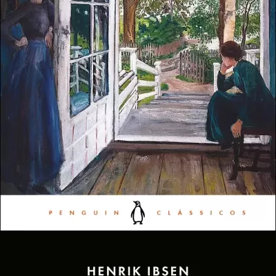 Capa do livro Casa de Bonecas de Henrik Ibsen com ilustração de duas mulheres em roupa antiga numa varanda.