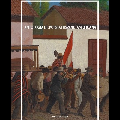 Capa de livro com pintura de procissão tradicional em vila com casas brancas e bandeira vermelha e branca