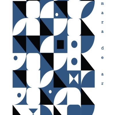 Cartaz abstrato geométrico azul, preto e branco com texto 'câmara de ar' e 'hirondina joshua'.