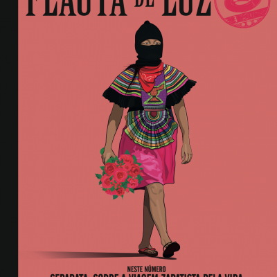 Capa de revista com pessoa mascarada, roupa colorida e flores