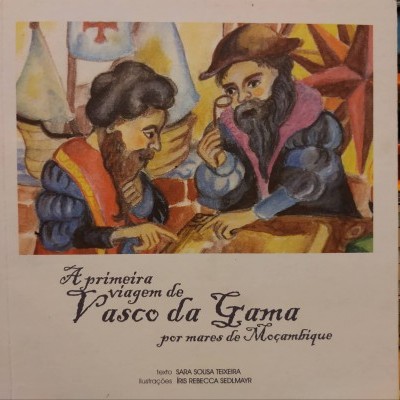 Capa de livro com ilustração de dois homens antigos e texto sobre Vasco da Gama