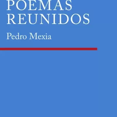 Capa azul de livro com texto branco 'POEMAS REUNIDOS', autor 'Pedro Mexia' e detalhes vermelhos.