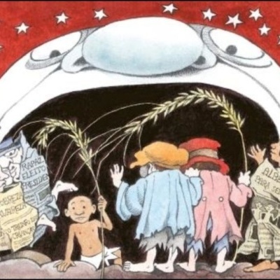 Ilustração colorida de crianças e um palhaço com jornais e estrelas no fundo