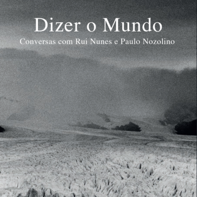 Capa do livro 'Dizer o Mundo' de Alexandra Carita com paisagem glacial em tons de cinza