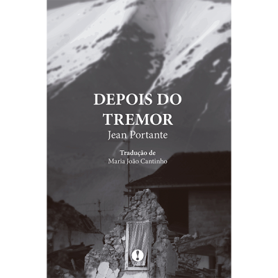 Capa de livro Preto e branco com título DEPOIS DO TREMOR e imagem de casas destruídas