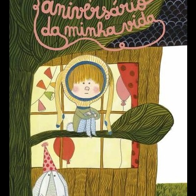Capa de livro infantil com criança na árvore e coelho com chapéu de festa