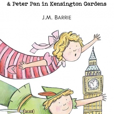 Capa do livro Peter Pan com ilustração de duas crianças voando perto do Big Ben