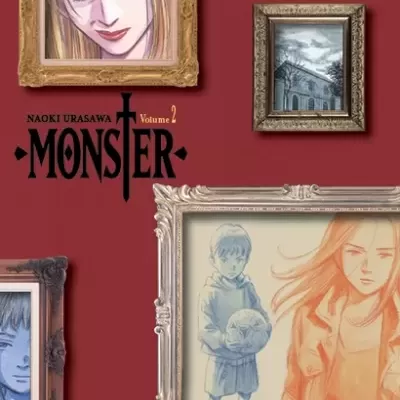 Capa do volume 2 do mangá Monster com título, autor, quatro molduras com ilustrações e logo da editora DEViR