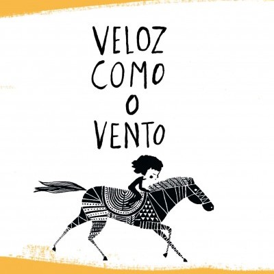 Capa de livro 'Veloz Como o Vento' com ilustração de criança a cavalo, fundo amarelo e branco.