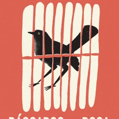 Capa de livro 'Pássaros na Boca' com ilustração estilizada de pássaro atrás de barras brancas sobre fundo vermelho