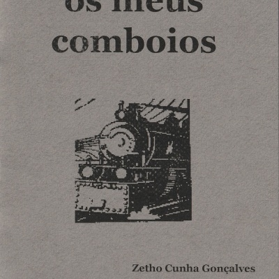 Capa cinzenta de livro com texto e ilustração de locomotiva a vapor
