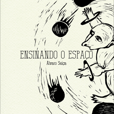 Capa de livro branco com título ENSINANDO O ESPAÇO e ilustração preta estilizada