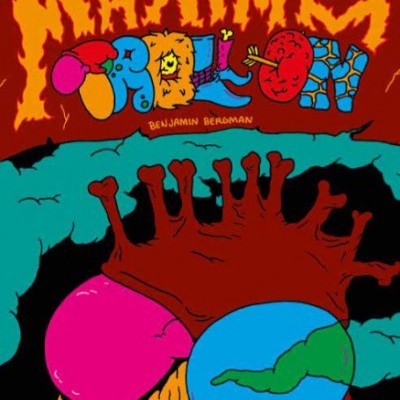 Capa colorida com texto e ilustração abstrata de formas coloridas e caveira