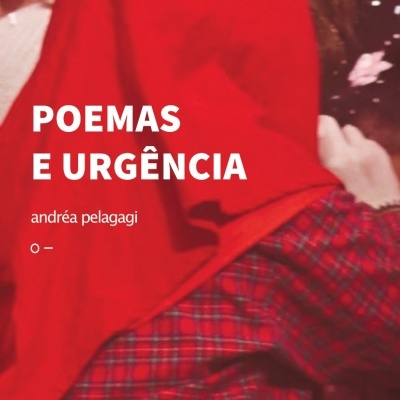 Capa do livro 'POEMAS E URGÊNCIA' com fundo desfocado e pessoas vestindo vermelho e xadrez