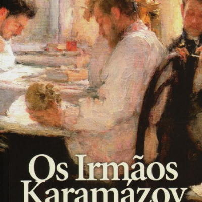 Capa do livro Os Irmãos Karamázov com pintura de homens sentados à mesa
