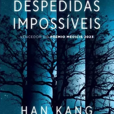 Capa do livro 'Despedidas Impossíveis' em fundo azul escuro com silhueta de árvores pretas