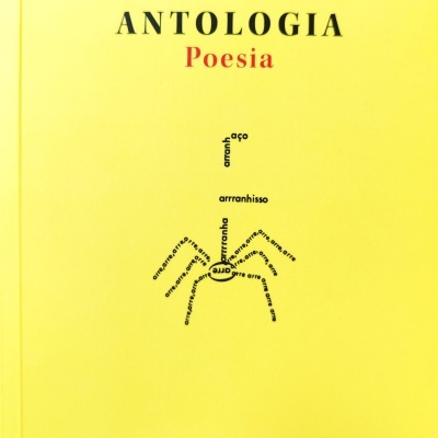Capa amarela do livro 'Antologia Poesia' de Salette Tavares com desenho de aranha formado por palavras