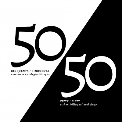 Capa de livro bilingue preto e branco com textos em português e inglês