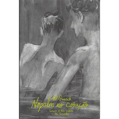 Capa de livro em tons de cinza com ilustração de duas pessoas de costas e texto amarelo